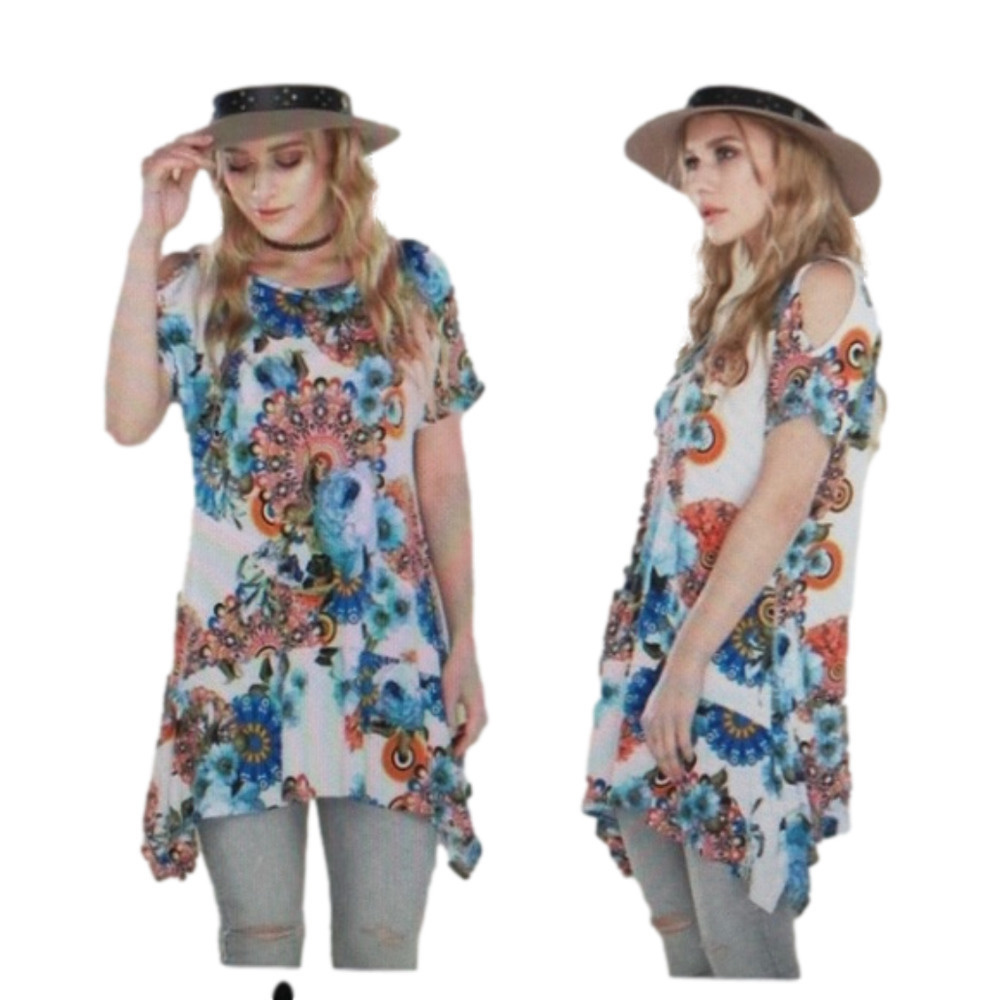 Soft Boho Print Cold Shoulder Tunic Ruffle Hem